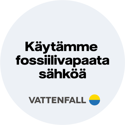 Työskentelette hiilidioksidipäästöjen vähentämisen eteen, joten käytämme täysin fossiilivapaata sähköä.